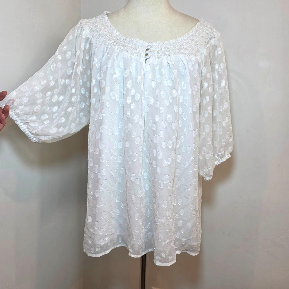 Rose + Olive Top Women’s Size 2x White Polka Dot Cottagecore Beach Vacation